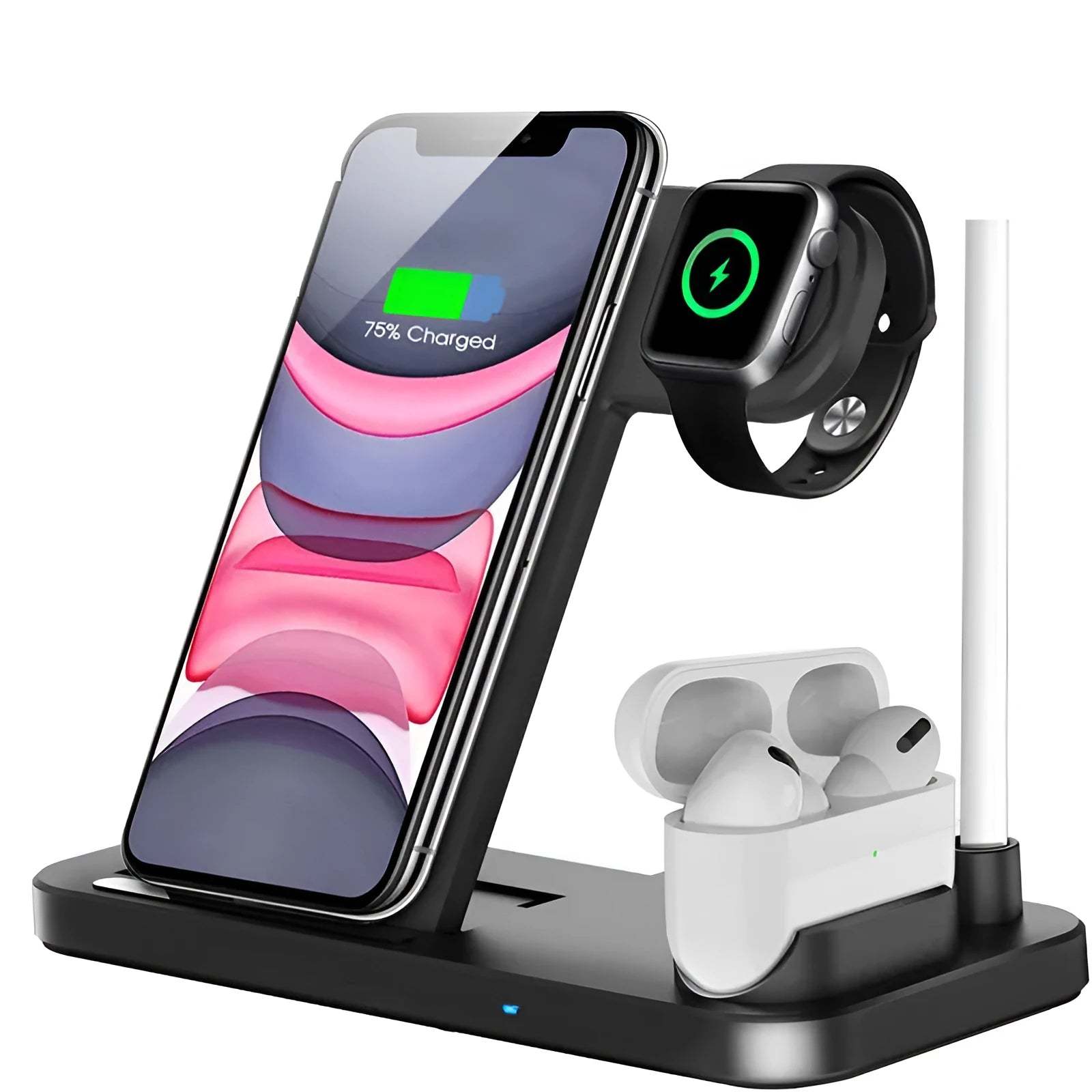Black foldable 4-in-1 wireless charging stand showing iPhone charging vertically and Apple Pencil on its charging spot.