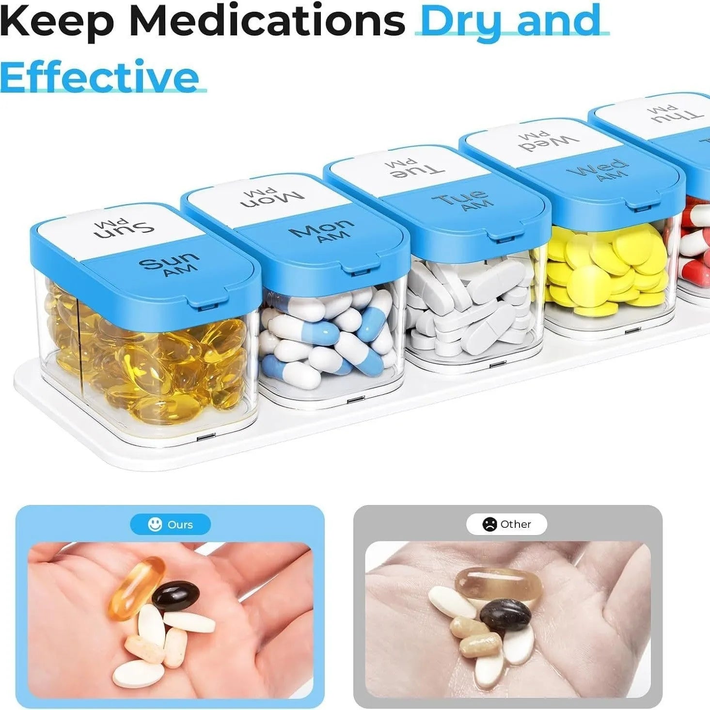 Extra large white and rainbow coloured pill box with 14 removable compartments open.