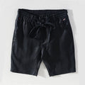 Men's 100% linen straight shorts in black, front view, mid-waist with zipper fly and pocket detail