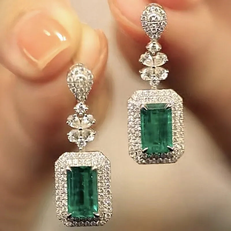 Green copper square bright zircon drop earrings with quadrilateral flower shape, court style for women