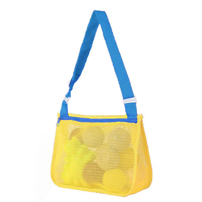 Blue nylon mesh travel storage bag with black handle and zip seal for children's clothing organisation