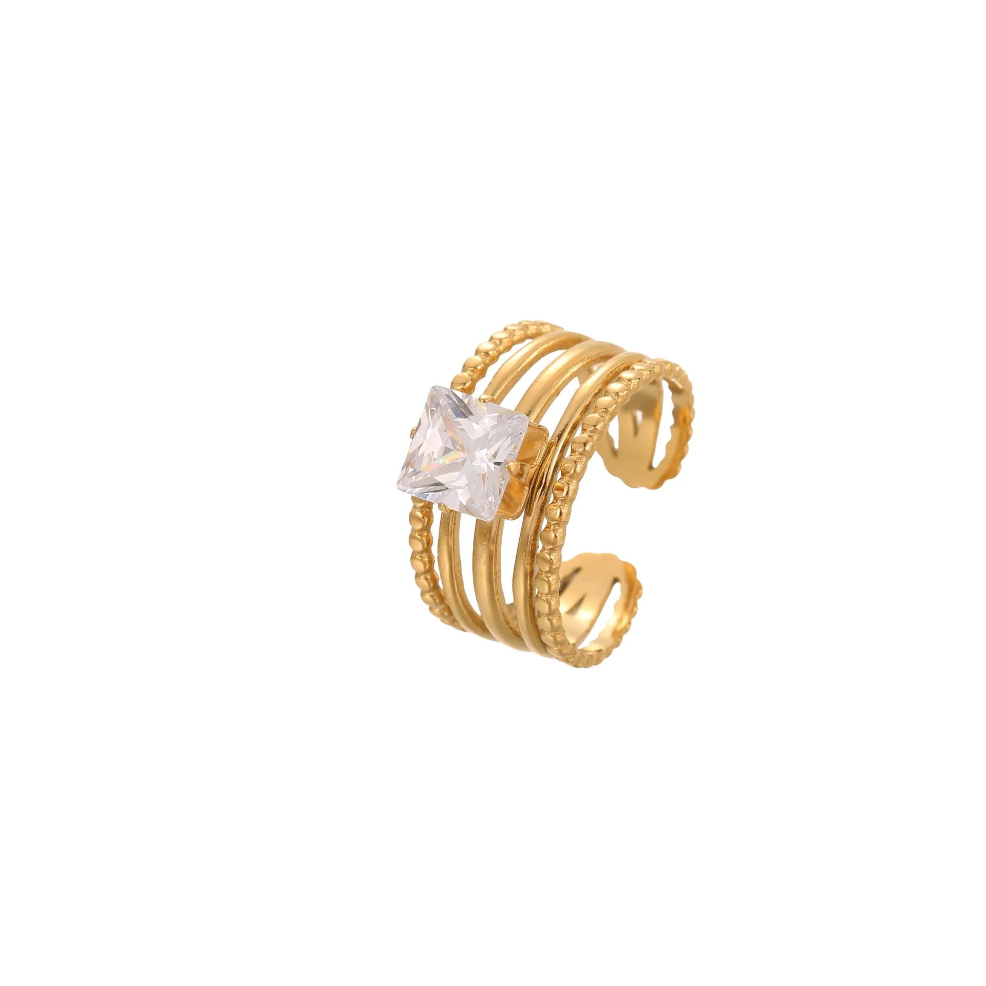 Geometric gold-coloured stainless steel ring with open mouth design on a plain background
