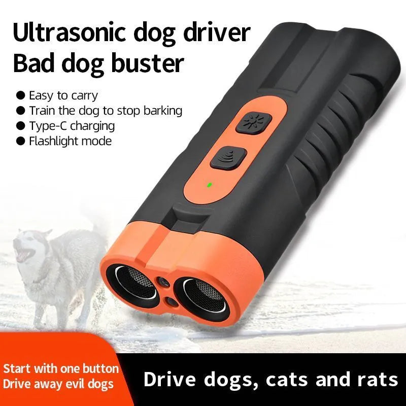 Black two-head ultrasonic dog repellent torch, 108g plastic body, 800mAh battery, 13x8x4cm