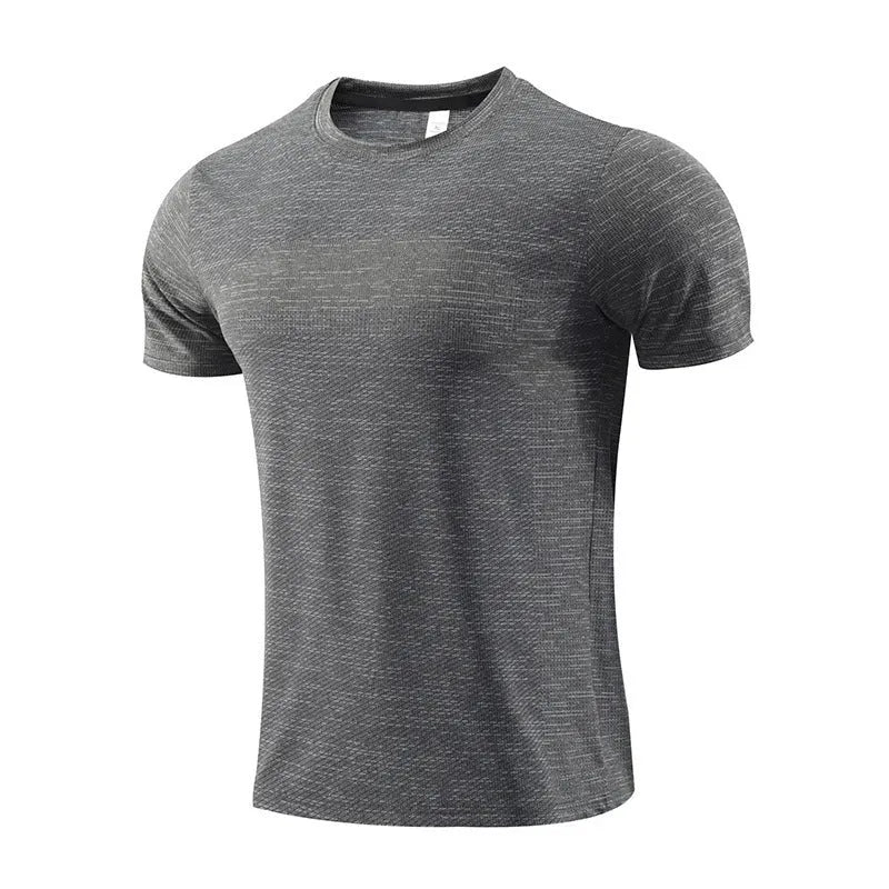 Short-sleeved red running t-shirt made from polyester spandex fabric, laid flat.