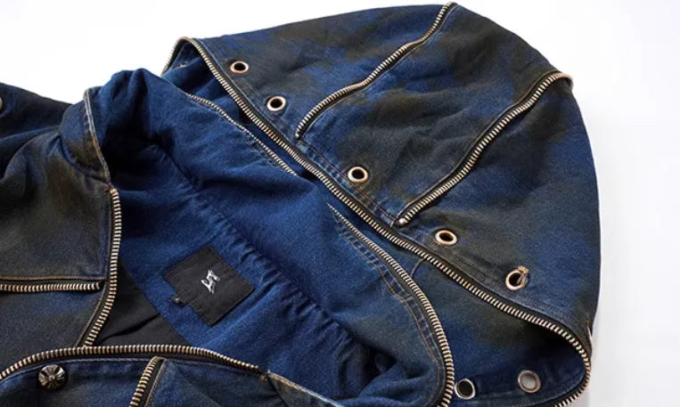 Blue Korean style hooded denim vest and matching trousers set with front zipper closure