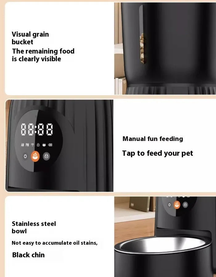Black automatic pet feeder with digital timer display and food hopper.