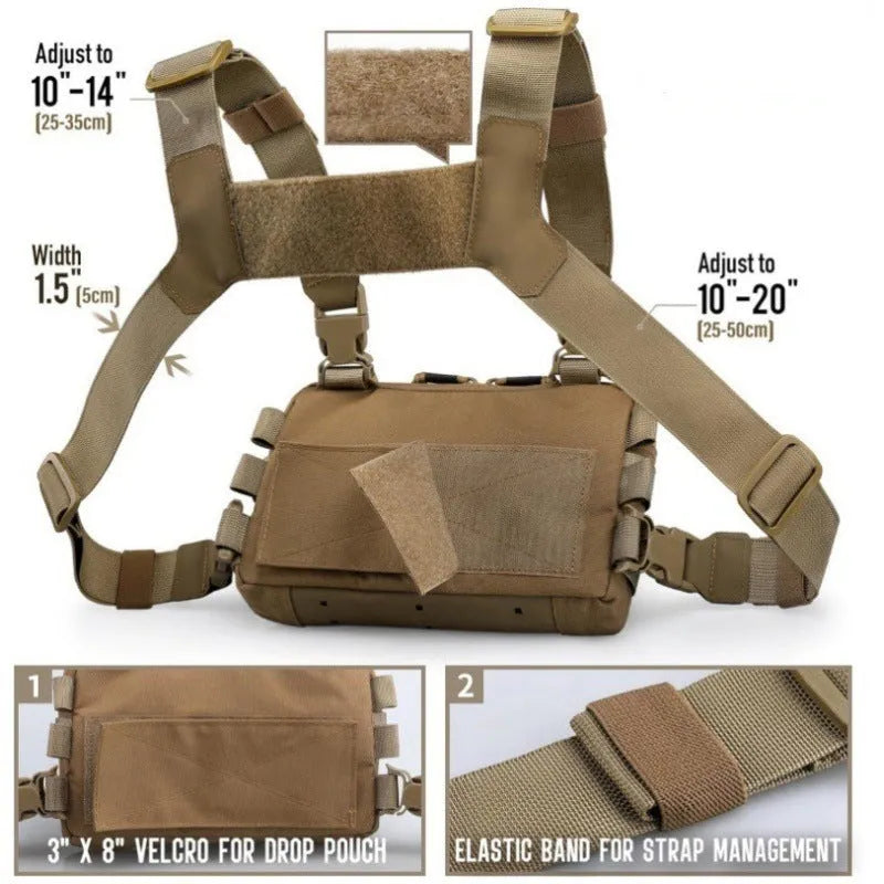 Men's outdoor tactics vest bag in waterproof Oxford cloth, 9x5.9x1.5 inches, shown in Black, Brown, or Army Green
