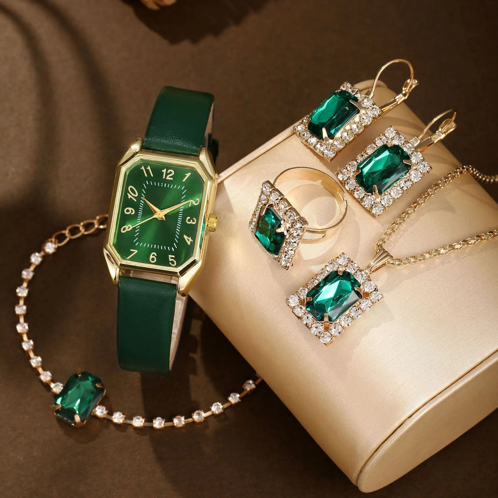 Leather women's square quartz watch and rhinestone jewellery set with necklace, earrings, ring
