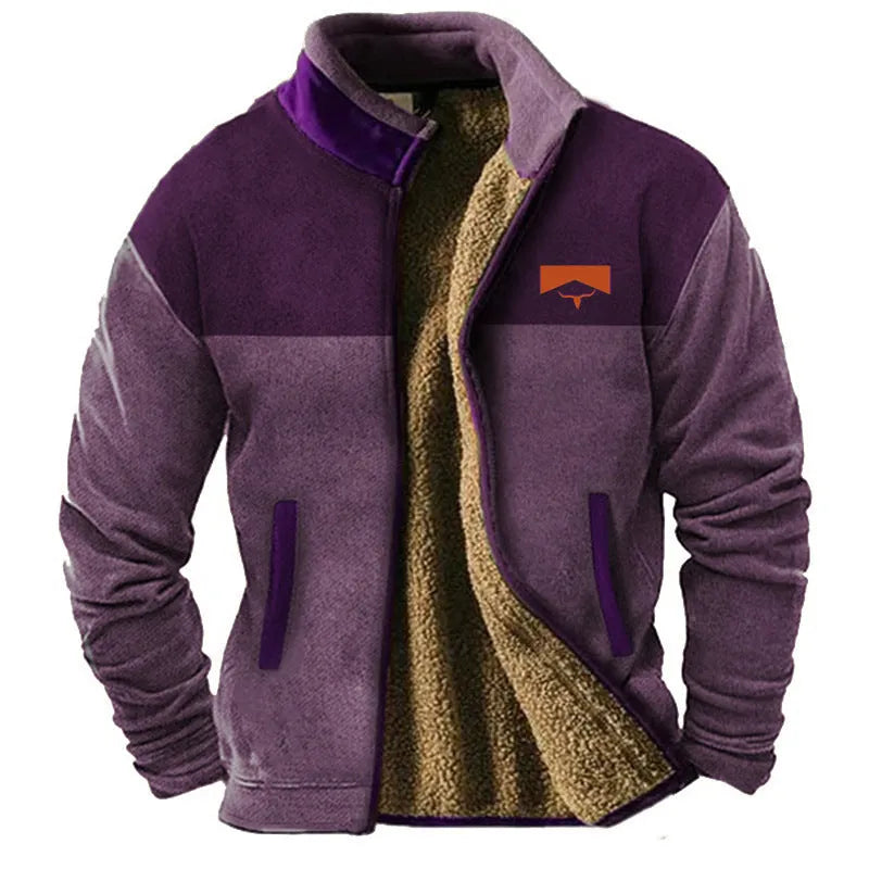 Men's green polyester fleece padded coat on a hanger, showing regular fit and zip front.