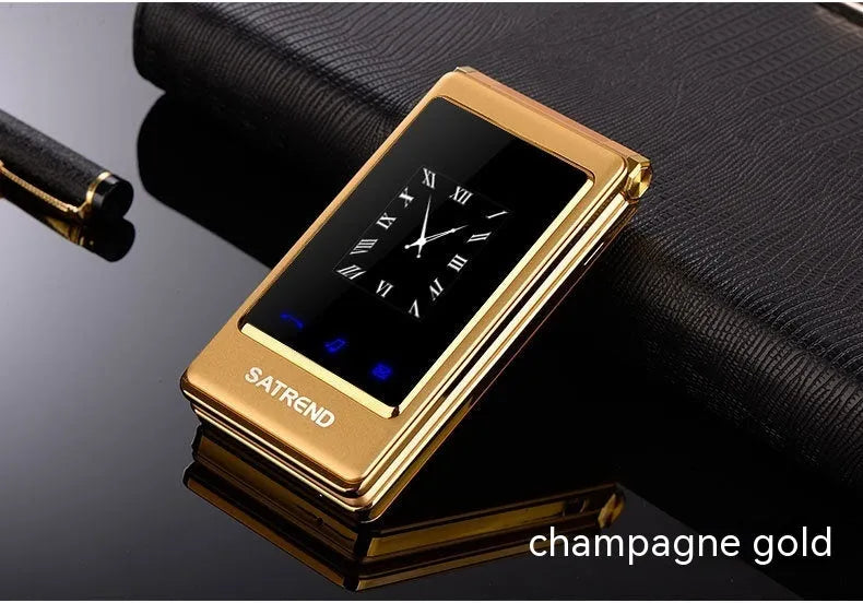 A15 dual screen flip phone for elderly users in black showing both internal touch screen and external display