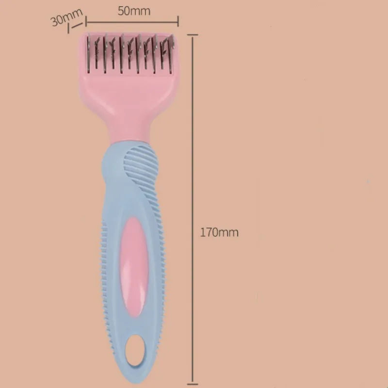 Stainless steel pet grooming comb with de-matting blade and massage bristles in pink or purple