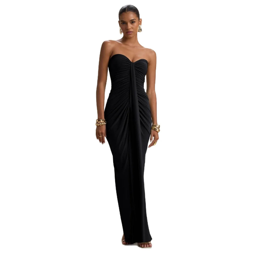 Wine red bandeau slim fit pleated sheath dress with chest wrap style stitching