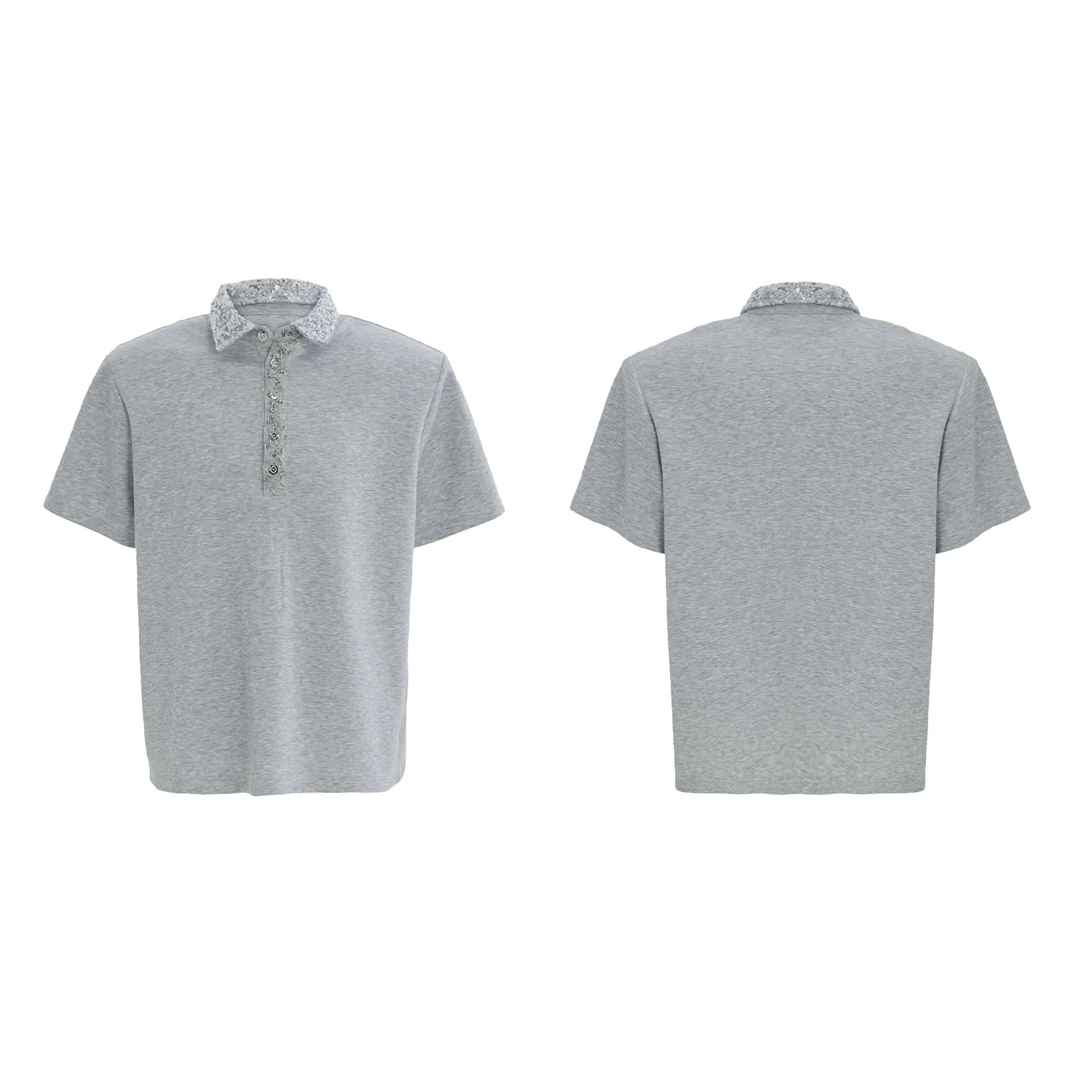 Men's black loose polo shirt with embroidered and sequinned square collar, short sleeves.