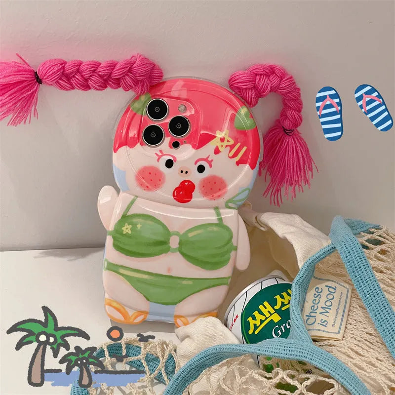Pink and green cartoon girl silicone iPhone case for iPhone 11 12 13 14 models.