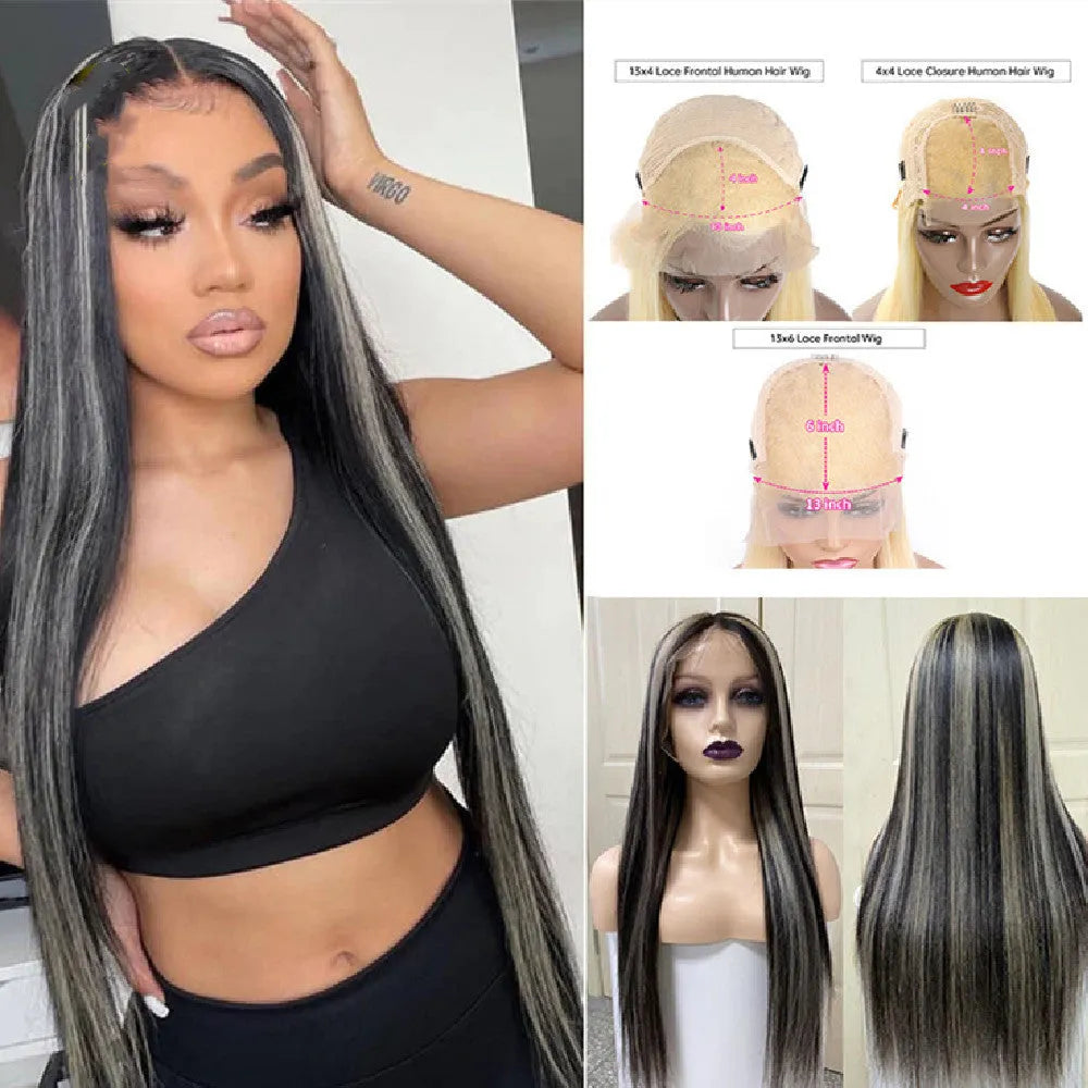 Piano color highlight P1bGrey straight human hair wig on a stand, showing natural texture and lace base
