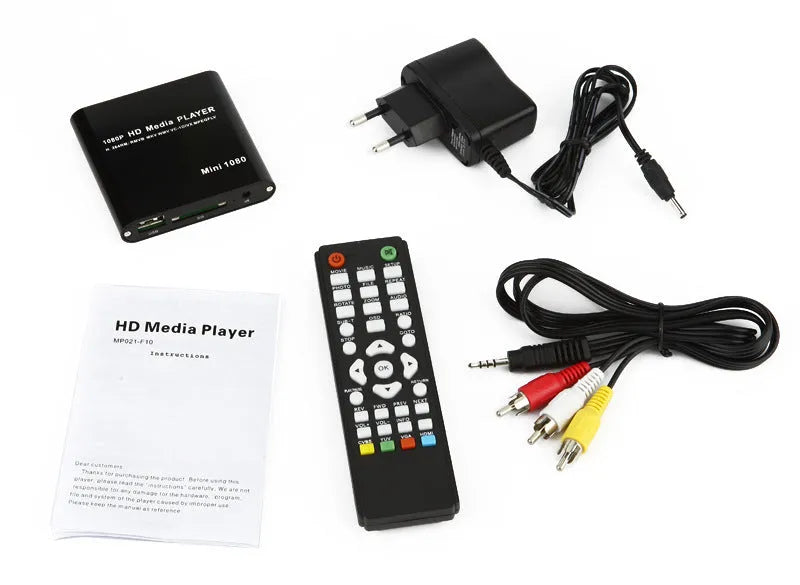 Blue or black 1080p HD media player with SD card and USB ports for video playback