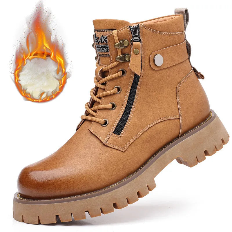 Men's brown leather high-top boots with side zipper and round toe