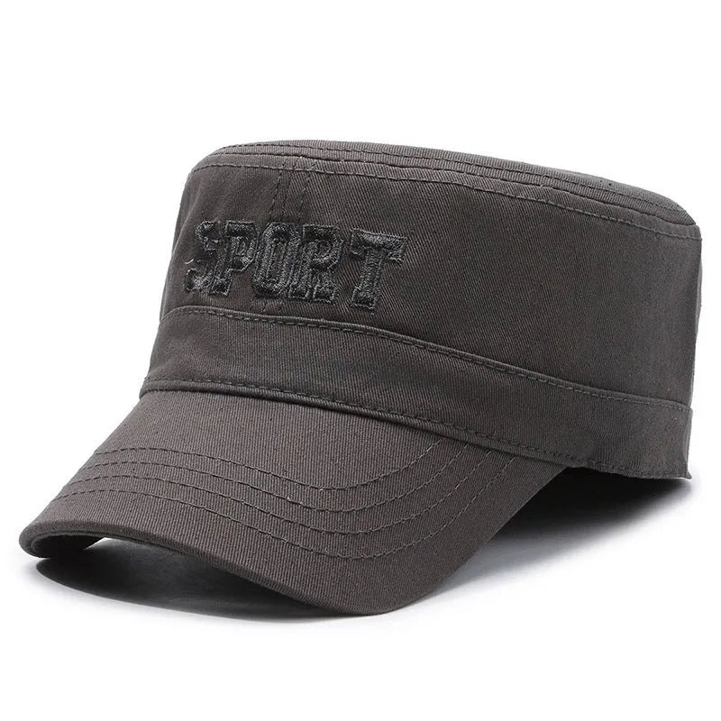 Men's adjustable cotton peaked cap in dome crown style with English letter detailing.