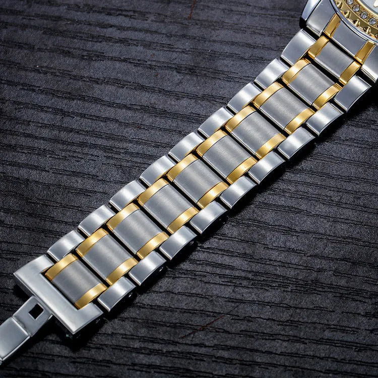 Men's gold and silver automatic mechanical watch with luminous hands on black and white dials.