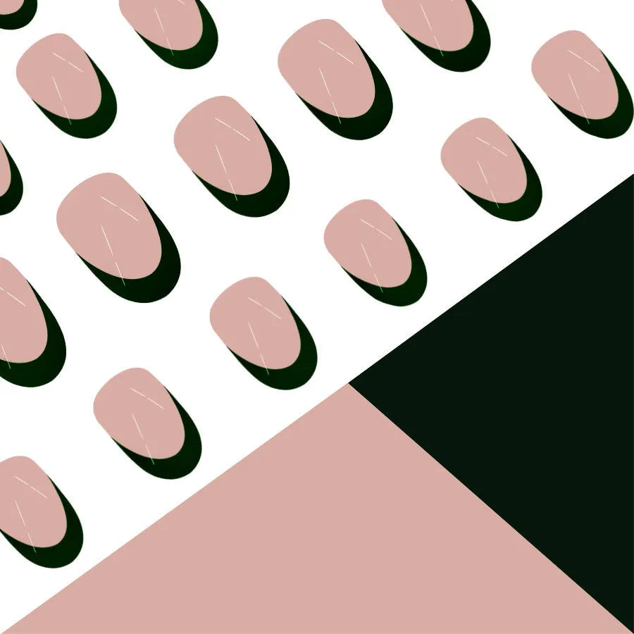 24 French manicure nail art pieces with black tips in short almond shape
