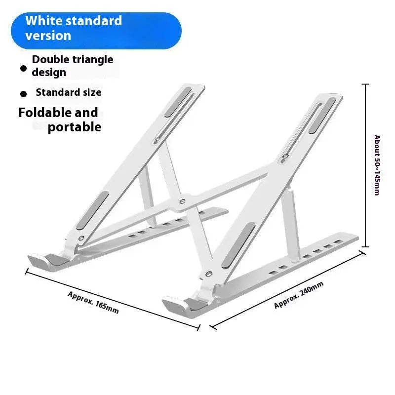 Aluminium folding laptop stand in silver colour with cooling gap beneath device placement area