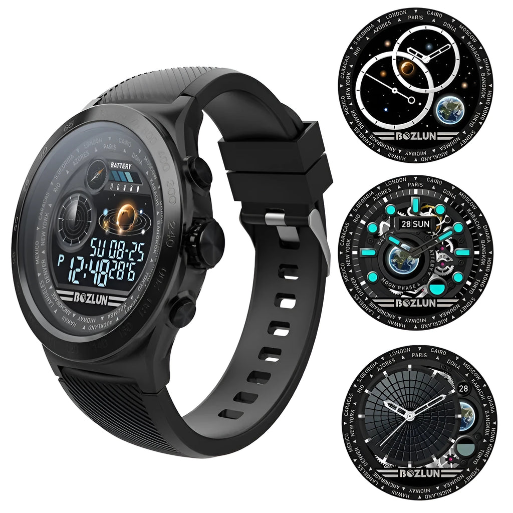 Smart watch with round screen, silicone strap, 45x49mm body, 14.5mm thick, heart rate and pedometer functions.