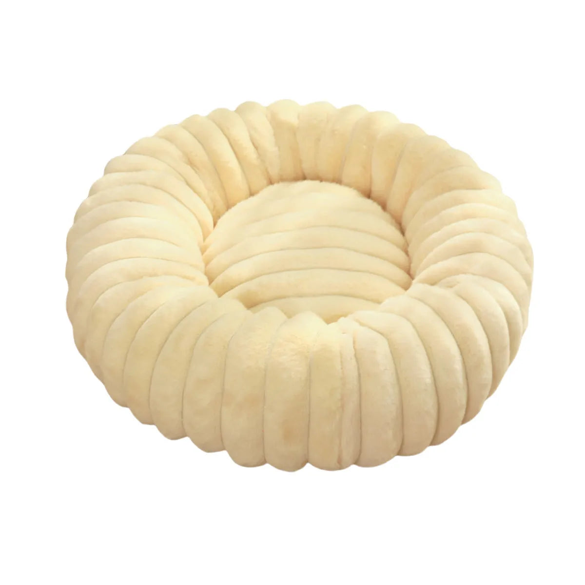 Round plush pet bed in beige with raised rim, size L 60cm, on a wooden floor