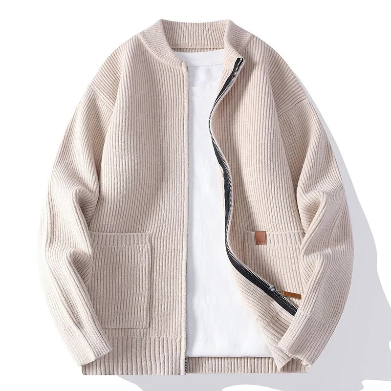 Men's striped sweater cardigan in Vinylon blend fabric available in five colours with straight cut design