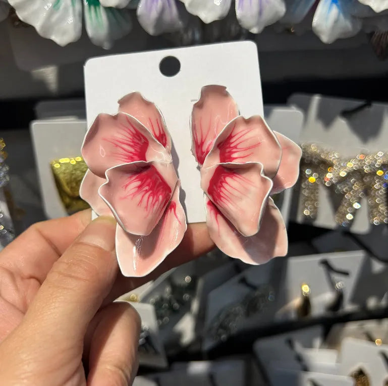 Alloy stud earrings with oil-spot glaze floral designs in pastoral style