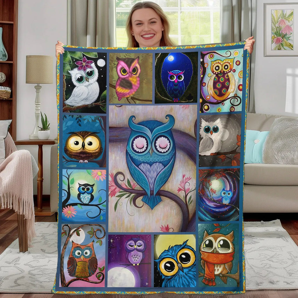 Flannel owl pattern soft fluffy multicoloured blanket in three sizes on a sofa setting