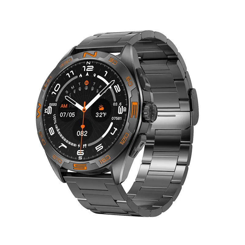 Smart watch with touchscreen display showing health metrics and WhatsApp interface