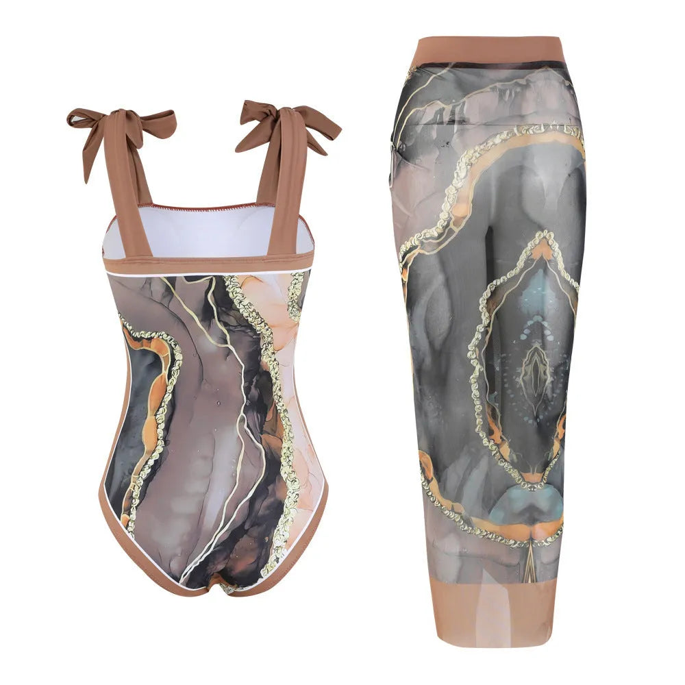 Multicolour floral print one-piece swimsuit with mesh tube top and attached skirt for swimming