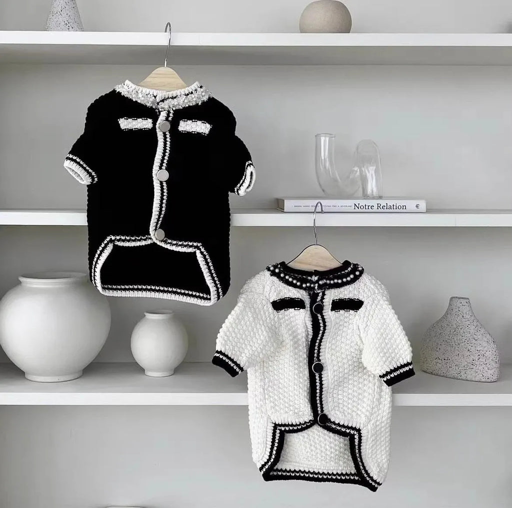 Korean style white puppy sweater with pearl collar on small dog, showing princess style design