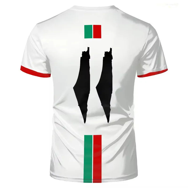 Black 3D printed football graphic on a white short sleeve t-shirt showing textured design.