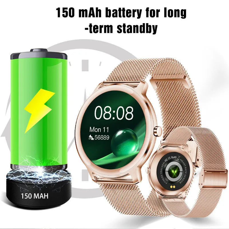 Women's Bluetooth smart watch with 1.3 inch screen and stainless steel wristband in rose or silver colours