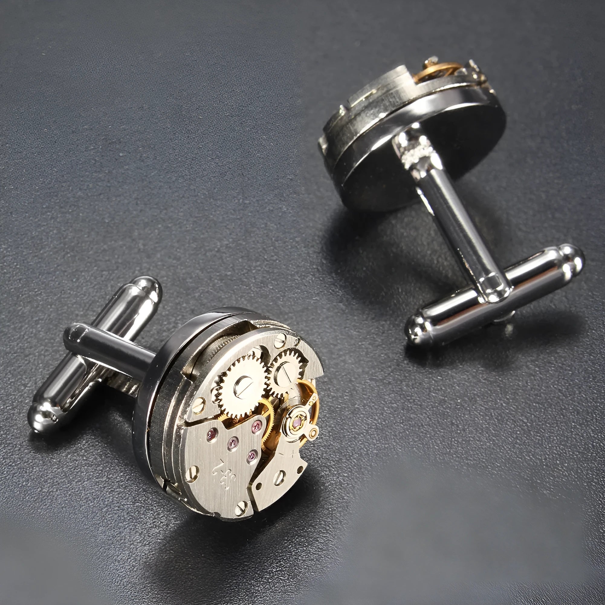 Men's silver mechanical cufflinks with copper case and stainless steel movement, geometric design, on shirt