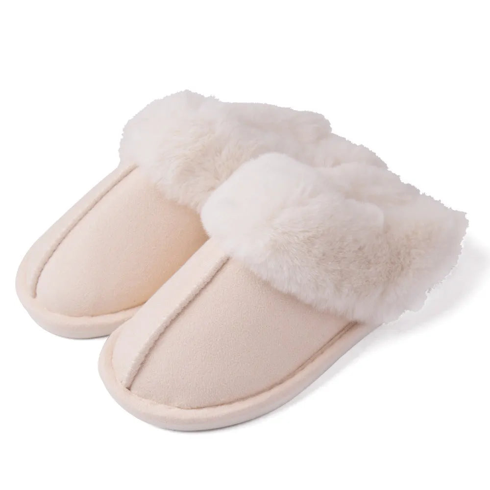 Grey fur furry slippers with plush velvet upper and TPR sole on indoor floor