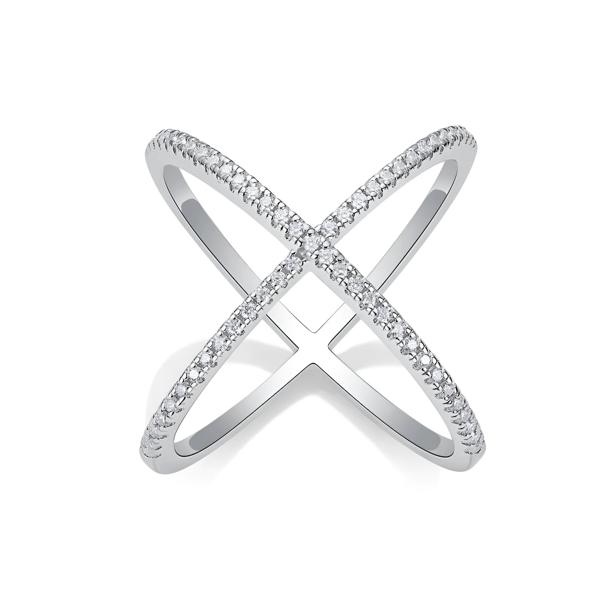 X-shaped heart moissanite ring set in S925 silver with platinum-plated gold colour, sizes 5 to 9, gift box