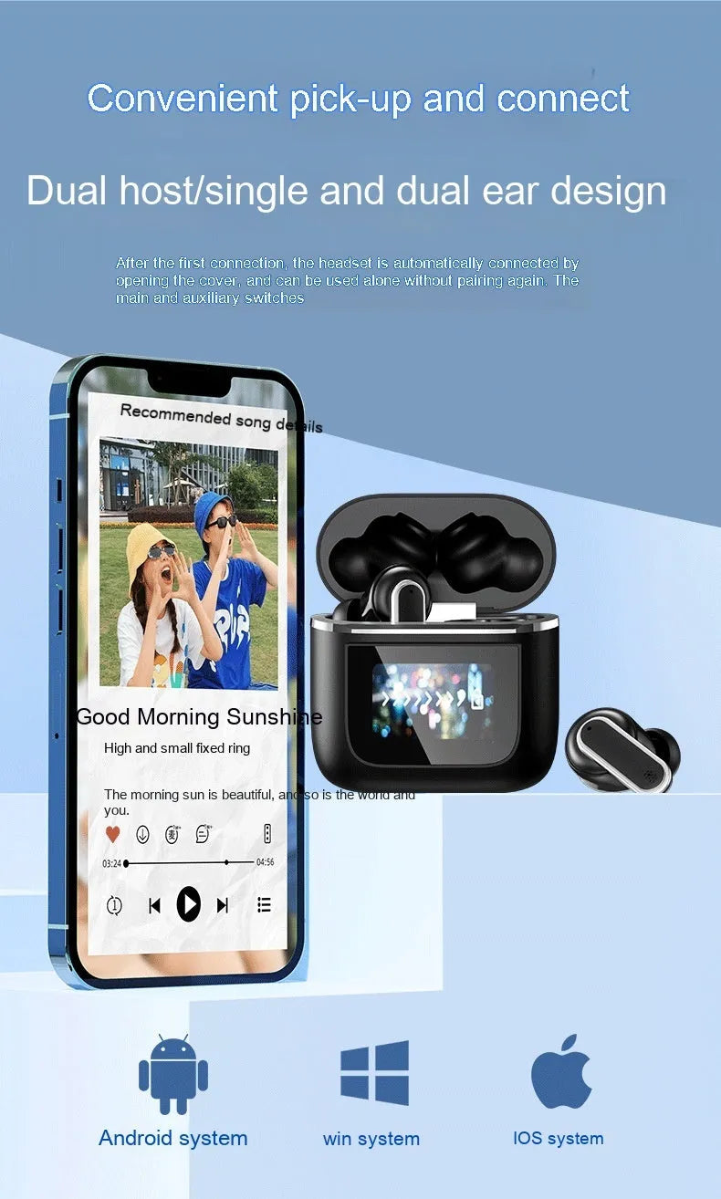 Intelligent Touch Screen Bluetooth Earphones in Black and Gold with ear plug style design