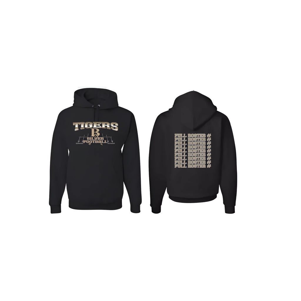 Black men's drop-shoulder pullover hoodie on a model, showing relaxed fit and collarless design.