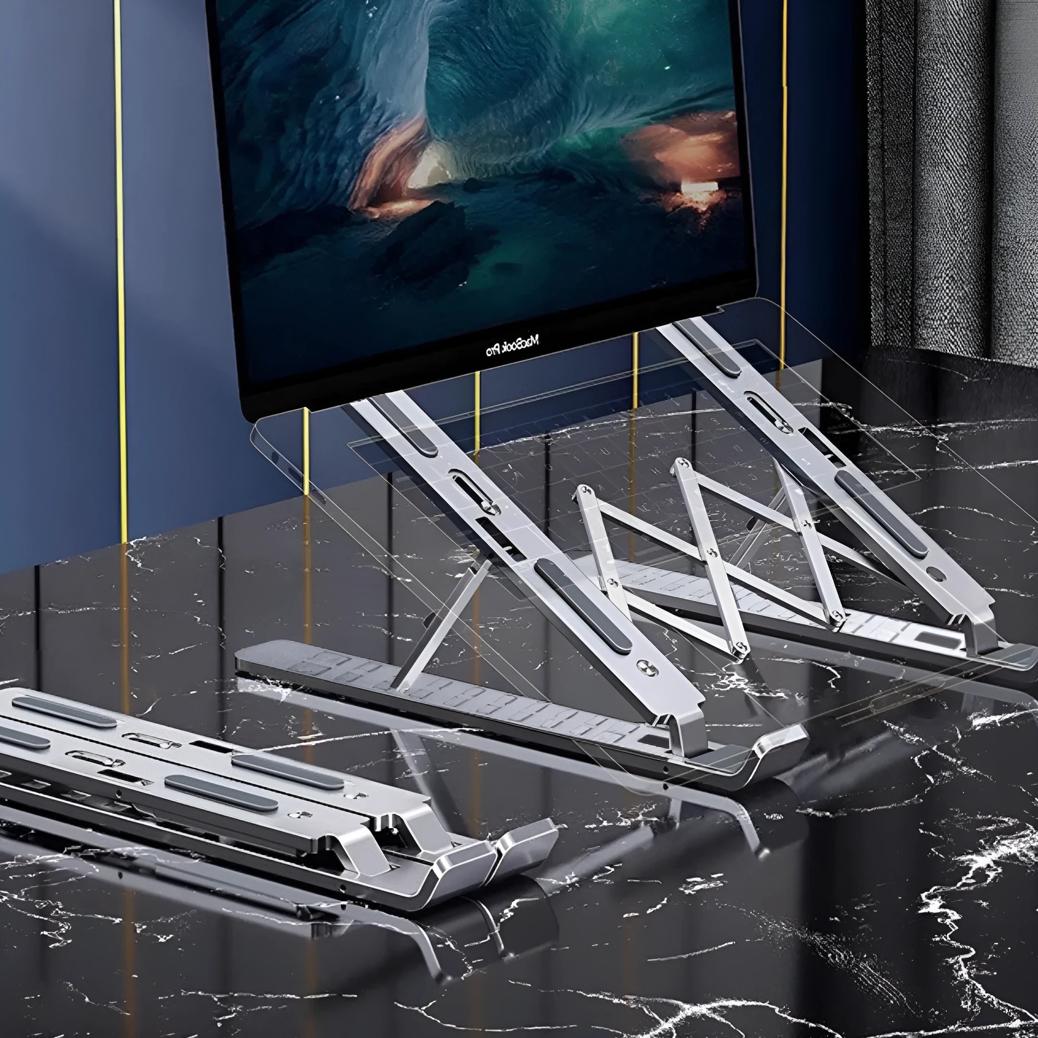 Three-fork aluminium alloy laptop stand in silver with adjustable lifting design for heat dissipation