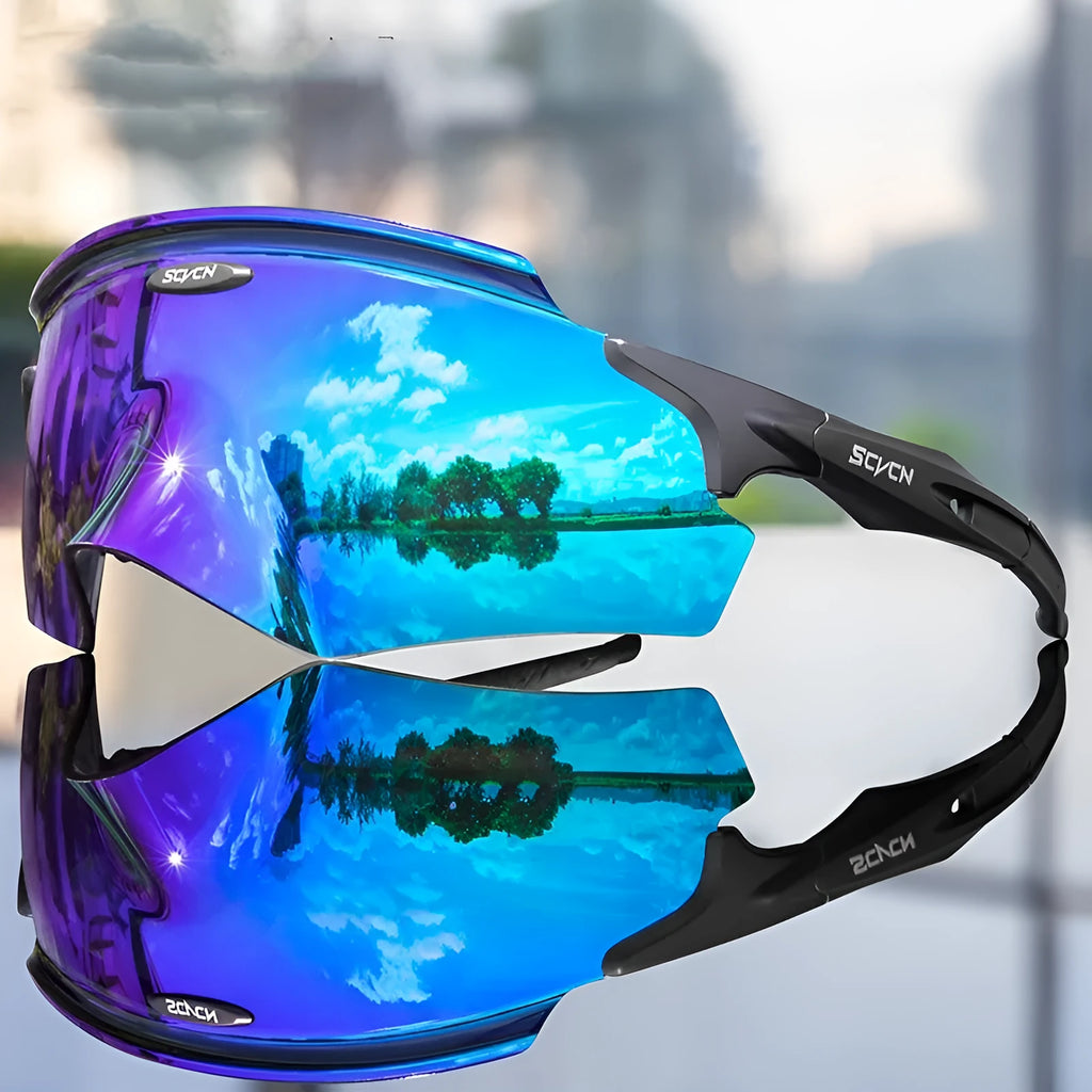 Frameless windproof athletic glasses with colourful integrated lens, shown in multiple colour styles.
