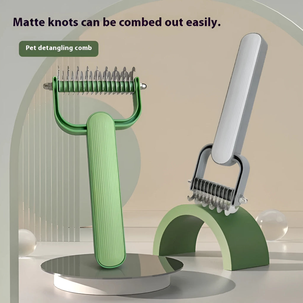 Green and grey pet detangling combs for dogs with stainless steel rotating teeth on a PP plastic handle.