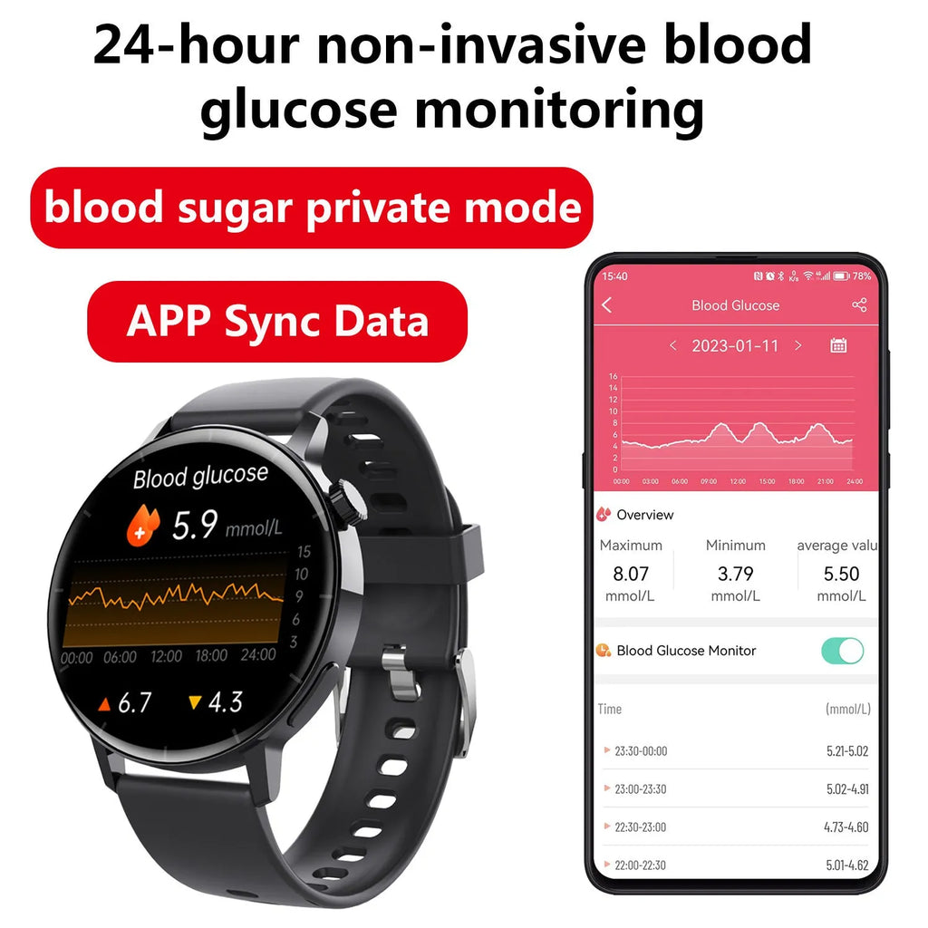 F67S smart watch with red light blood oxygen and glucose monitoring in black leather strap