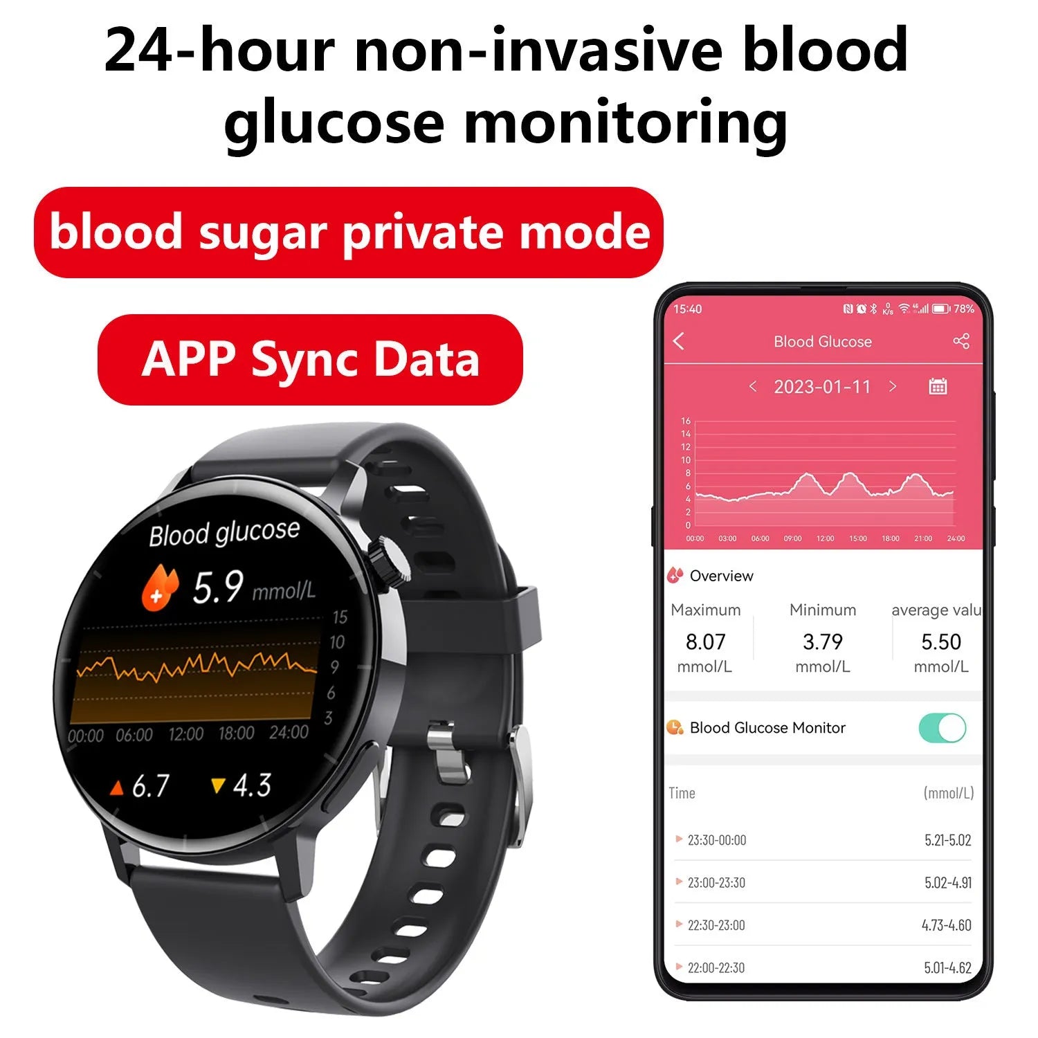 F67S smart watch with red light blood oxygen and glucose monitoring in black leather strap