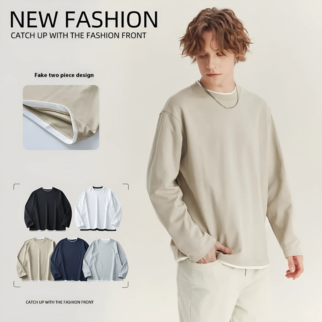 Men's loose fit long-sleeved cotton blend T-shirt in solid colour with contrast details