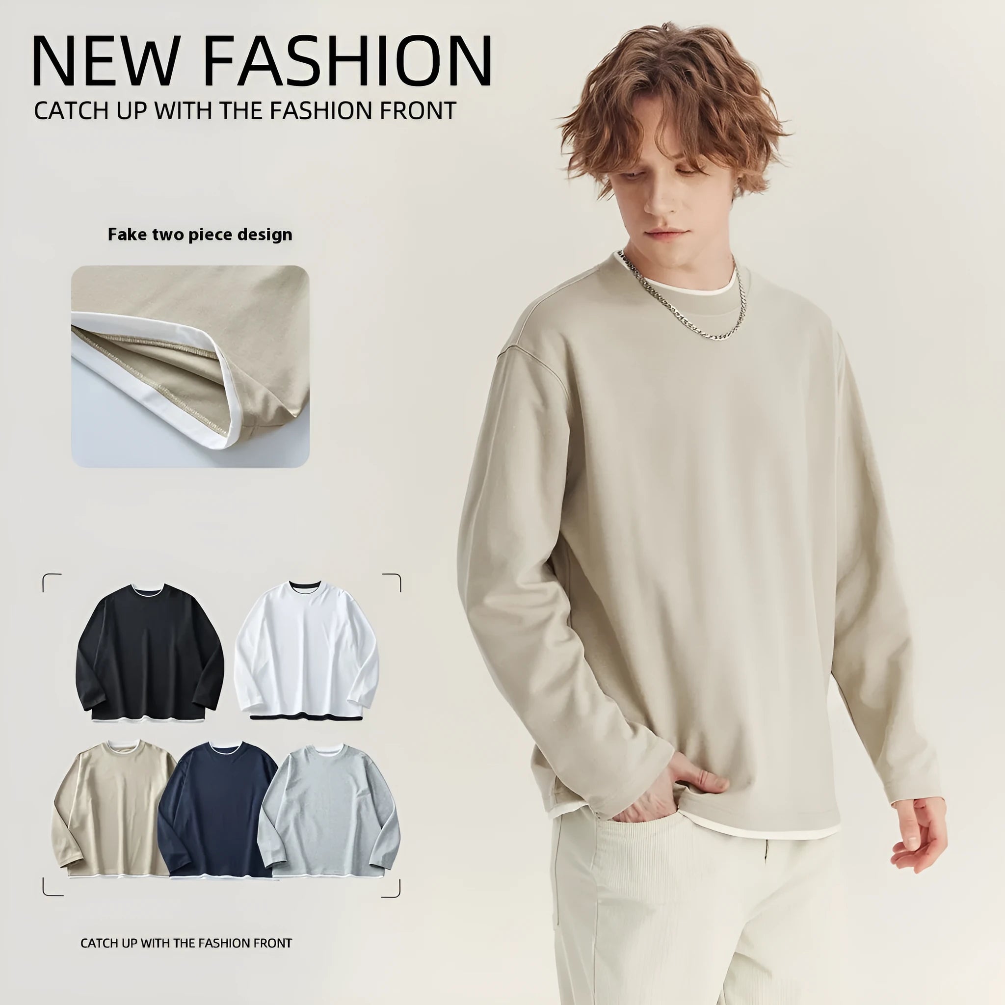 Men's loose fit long-sleeved cotton blend T-shirt in solid colour with contrast details