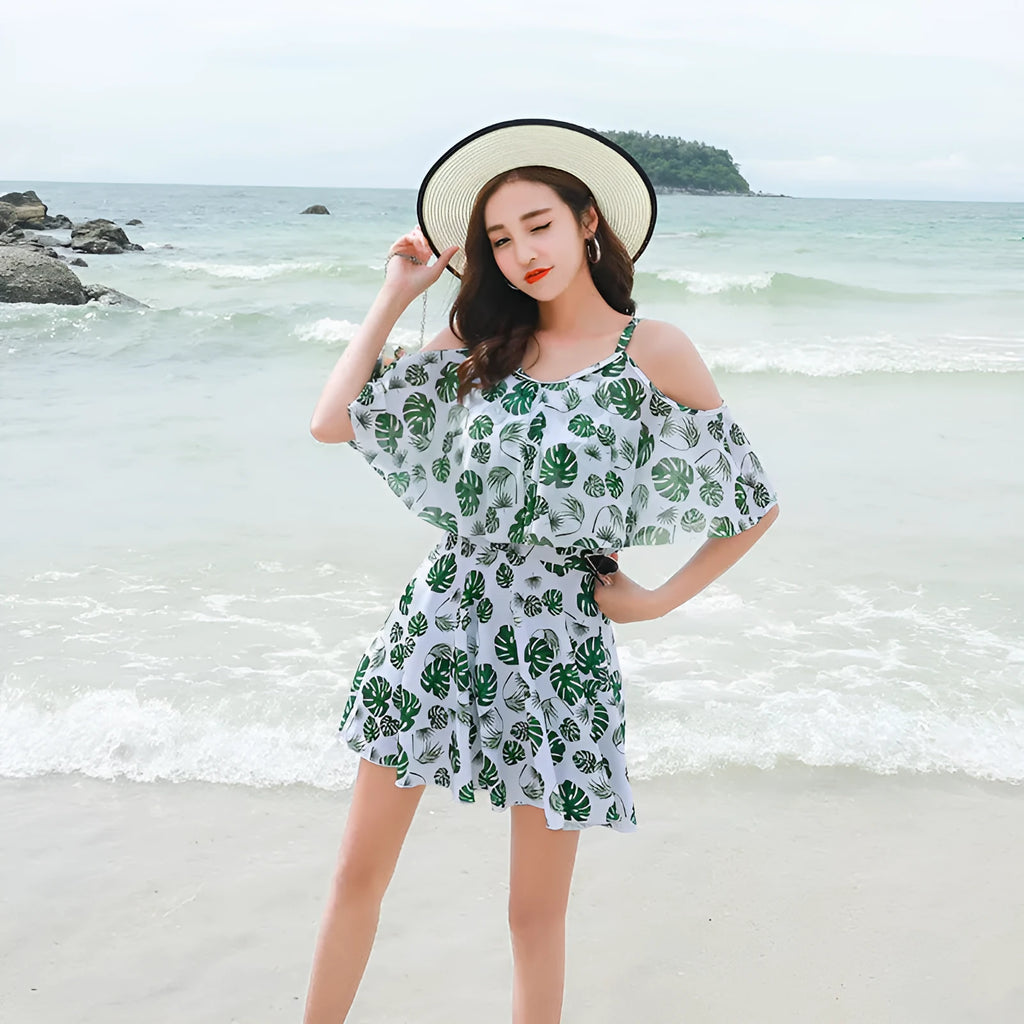 Women's green leaf printed one-piece swimsuit with polyester construction for swimming