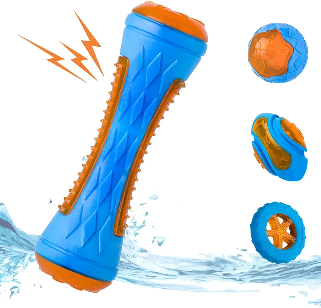 Set of three TPR dog toys: a squeaky ball, barbell, and floating tyre for pool fetch play