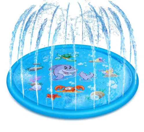 Blue PVC children's water spray play mat with marine animal graphics, measuring 100cm by 170cm